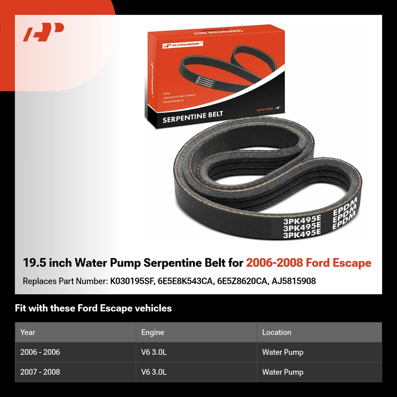 19.5 inch Water Pump Serpentine Belt for 2006-2008 Ford Escape