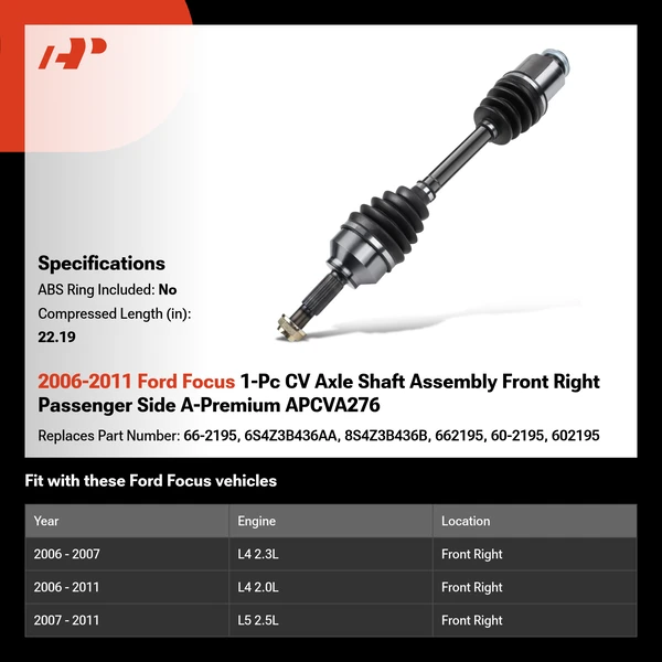 2006-2011 Ford Focus 1-Pc CV Axle Shaft Assembly Front Right Passenger Side A-Premium APCVA276