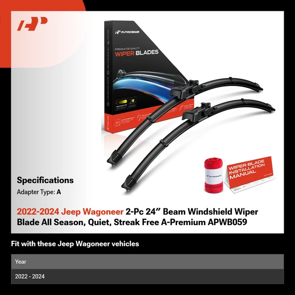 2022-2024 Jeep Wagoneer 2-Pc 24″ Beam Windshield Wiper Blade All Season, Quiet, Streak Free A-Premium APWB059