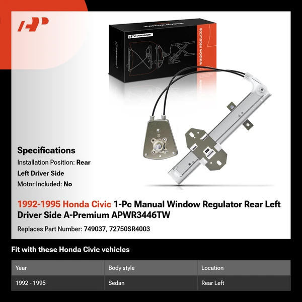 1992-1995 Honda Civic 1-Pc Manual Window Regulator Rear Left Driver Side A-Premium APWR3446TW