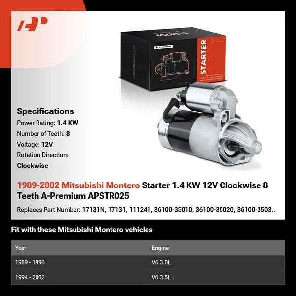 1989-2002 Mitsubishi Montero Starter 1.4 KW 12V Clockwise 8 Teeth A-Premium APSTR025