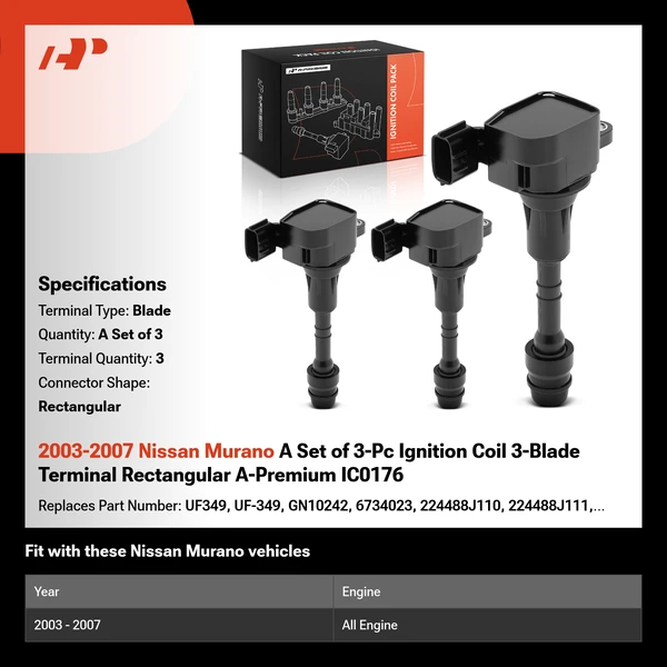 2003-2007 Nissan Murano A Set of 3-Pc Ignition Coil 3-Blade Terminal Rectangular A-Premium IC0176