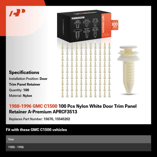 1988-1996 GMC C1500 100 Pcs Nylon White Door Trim Panel Retainer A-Premium APRCF3513