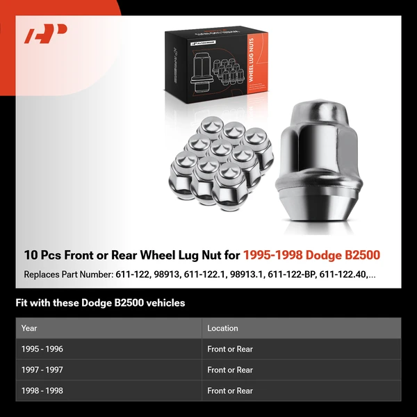 10 Pcs Front or Rear Wheel Lug Nut for 1995-1998 Dodge B2500