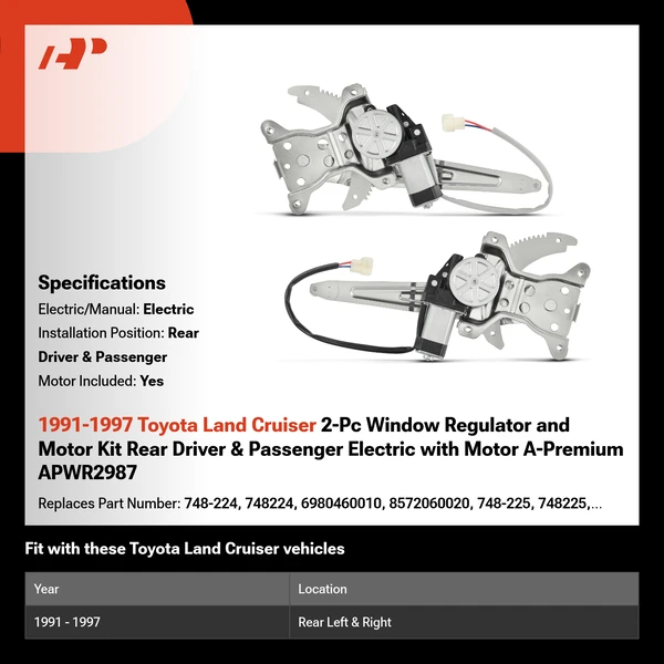 1991-1997 Toyota Land Cruiser 2-Pc Window Regulator and Motor Kit Rear Driver & Passenger Electric with Motor A-Premium APWR2987