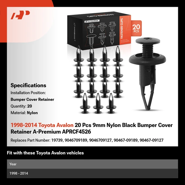 1998-2014 Toyota Avalon 20 Pcs 9mm Nylon Black Bumper Cover Retainer A-Premium APRCF4526