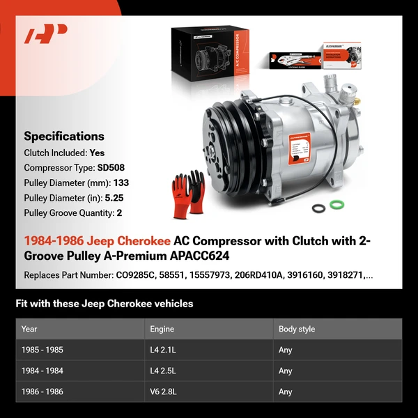 1984-1986 Jeep Cherokee AC Compressor with Clutch with 2-Groove Pulley A-Premium APACC624