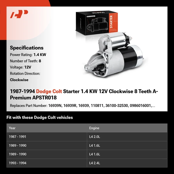 1987-1994 Dodge Colt Starter 1.4 KW 12V Clockwise 8 Teeth A-Premium APSTR018