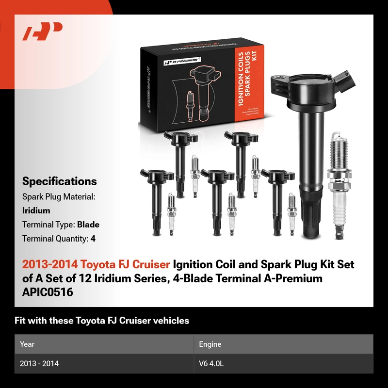 2013-2014 Toyota FJ Cruiser Ignition Coil and Spark Plug Kit Set of A Set of 12 Iridium Series, 4-Blade Terminal A-Premium APIC0516