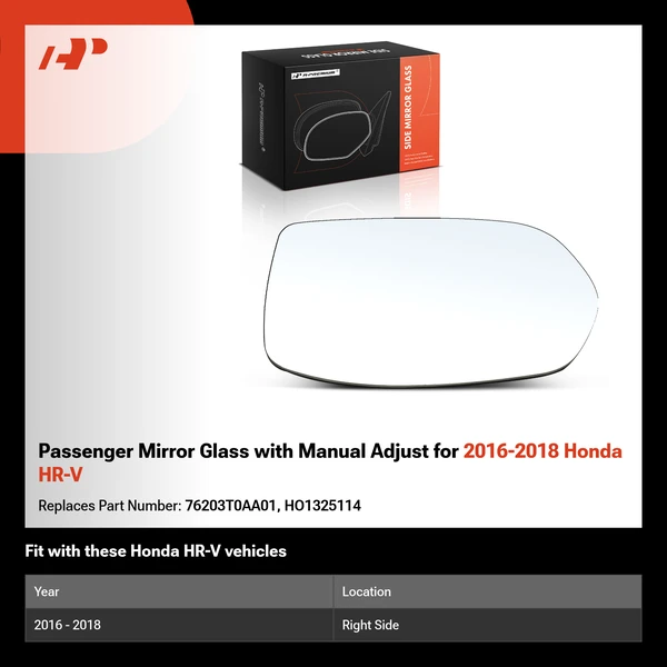 Passenger Mirror Glass with Manual Adjust for 2016-2018 Honda HR-V
