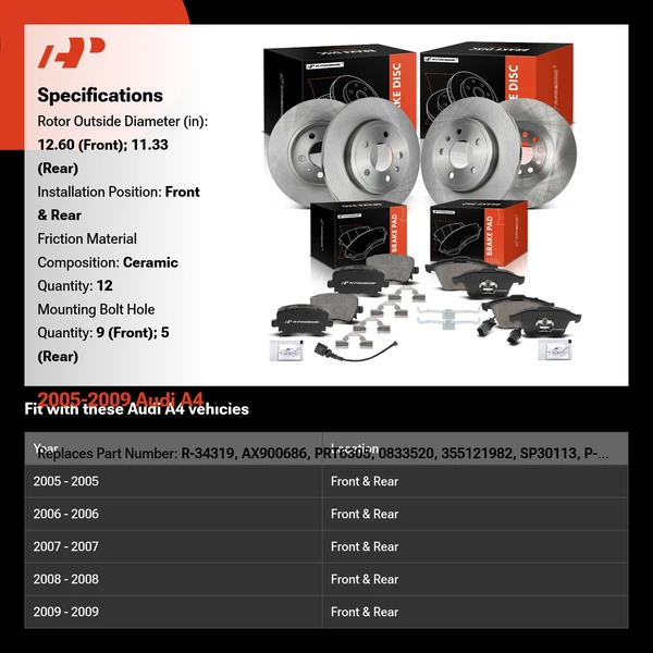 2005-2009 Audi A4 Disc Brake Rotors and Ceramic Pads Kit, 12 Pcs, Front & Rear, A-Premium, APBRPR595