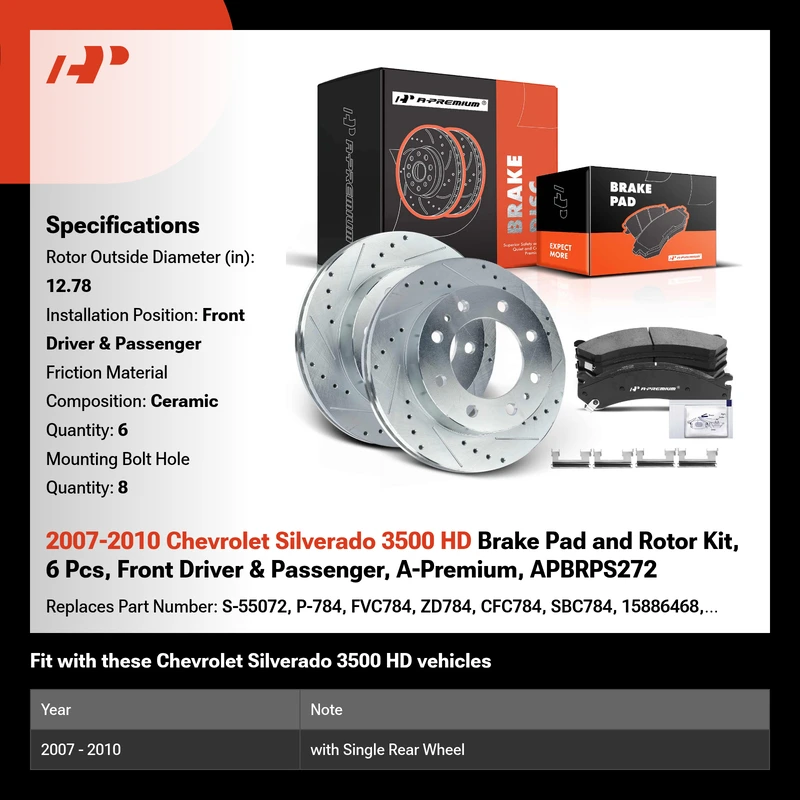 2007-2010 Chevrolet Silverado 3500 HD Brake Pad and Rotor Kit, 6 Pcs, Front Driver & Passenger, A-Premium, APBRPS272