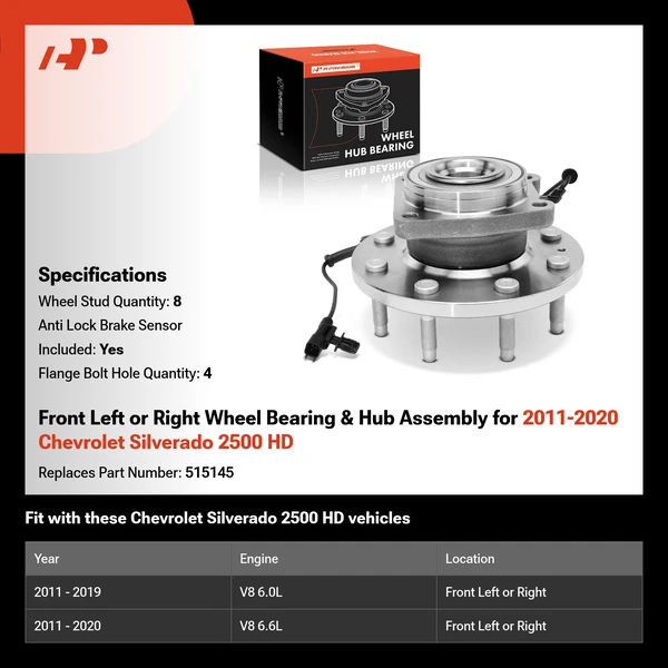 Front Left or Right Wheel Bearing & Hub Assembly for 2011-2020 Chevrolet Silverado 2500 HD