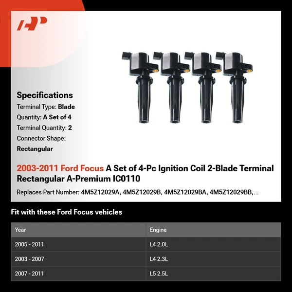 2003-2011 Ford Focus A Set of 4-Pc Ignition Coil 2-Blade Terminal Rectangular A-Premium IC0110