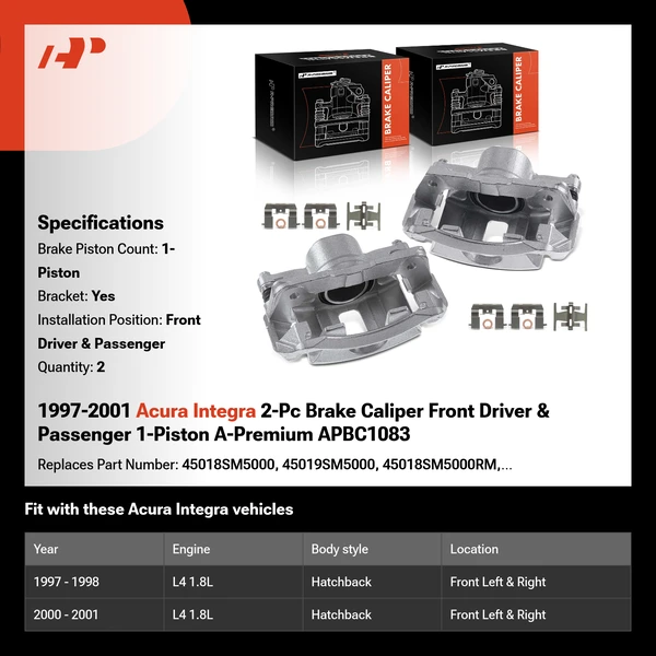 1997-2001 Acura Integra 2-Pc Brake Caliper Front Driver & Passenger 1-Piston A-Premium APBC1083
