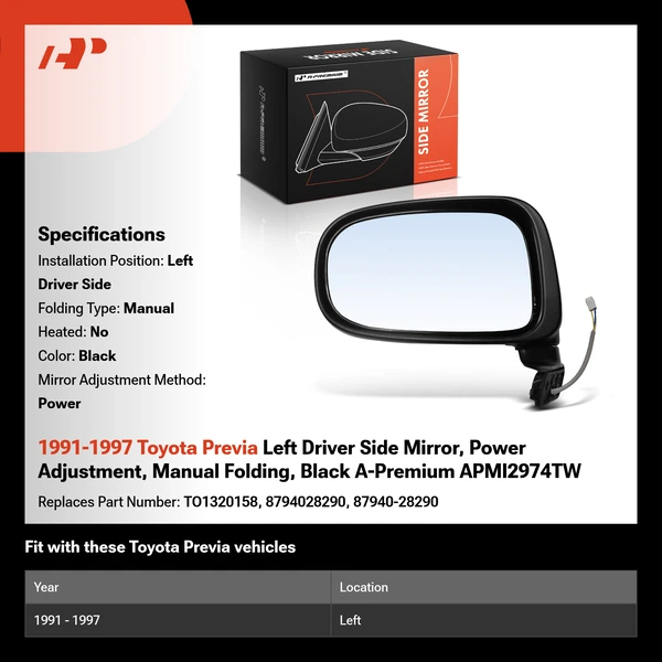 1991-1997 Toyota Previa Left Driver Side Mirror, Power Adjustment, Manual Folding, Black A-Premium APMI2974TW