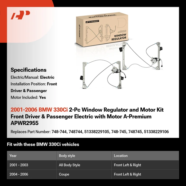 2001-2006 BMW 330Ci 2-Pc Window Regulator and Motor Kit Front Driver & Passenger Electric with Motor A-Premium APWR2955