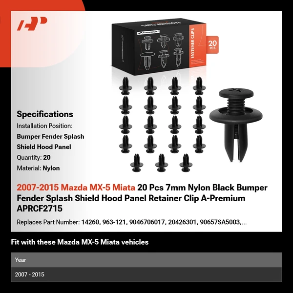 2007-2015 Mazda MX-5 Miata 20 Pcs 7mm Nylon Black Bumper Fender Splash Shield Hood Panel Retainer Clip A-Premium APRCF2715