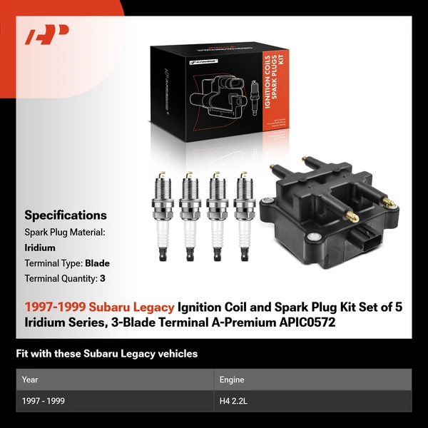 1997-1999 Subaru Legacy Ignition Coil and Spark Plug Kit Set of 5 Iridium Series, 3-Blade Terminal A-Premium APIC0572