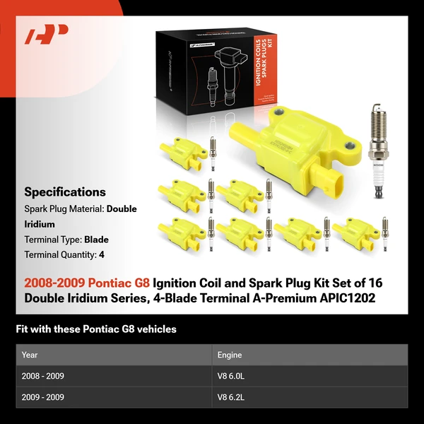 2008-2009 Pontiac G8 Ignition Coil and Spark Plug Kit Set of 16 Double Iridium Series, 4-Blade Terminal A-Premium APIC1202