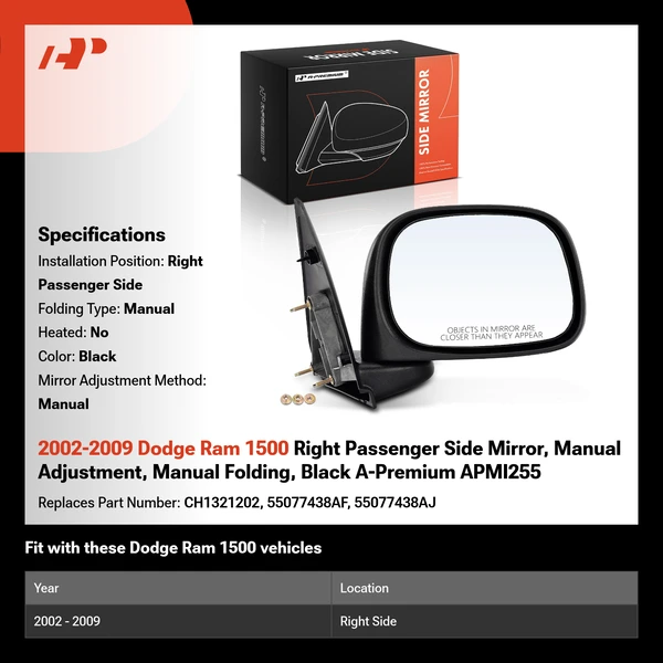 2002-2009 Dodge Ram 1500 Right Passenger Side Mirror, Manual Adjustment, Manual Folding, Black A-Premium APMI255