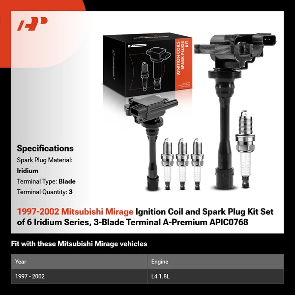 1997-2002 Mitsubishi Mirage Ignition Coil and Spark Plug Kit Set of 6 Iridium Series, 3-Blade Terminal A-Premium APIC0768