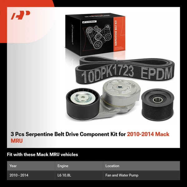 3 Pcs Serpentine Belt Drive Component Kit for 2010-2014 Mack MRU