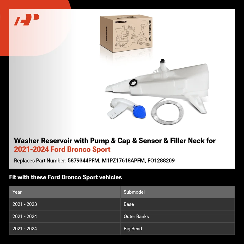 Washer Reservoir with Pump & Cap & Sensor & Filler Neck for 2021-2024 Ford Bronco Sport