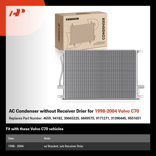 AC Condenser without Receiver Drier for 1998-2004 Volvo C70