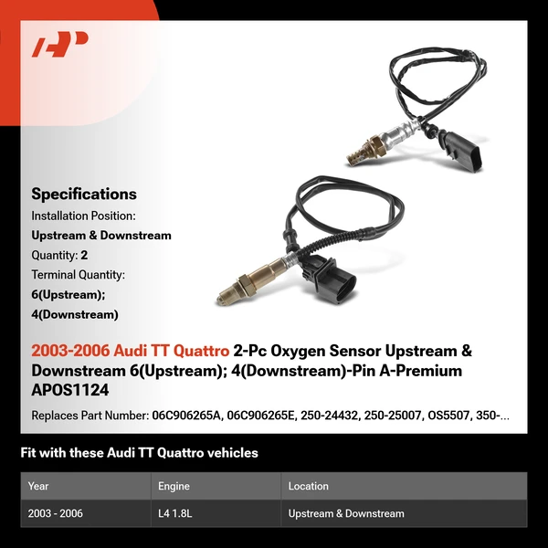 2003-2006 Audi TT Quattro 2-Pc Oxygen Sensor Upstream & Downstream 6(Upstream); 4(Downstream)-Pin A-Premium APOS1124