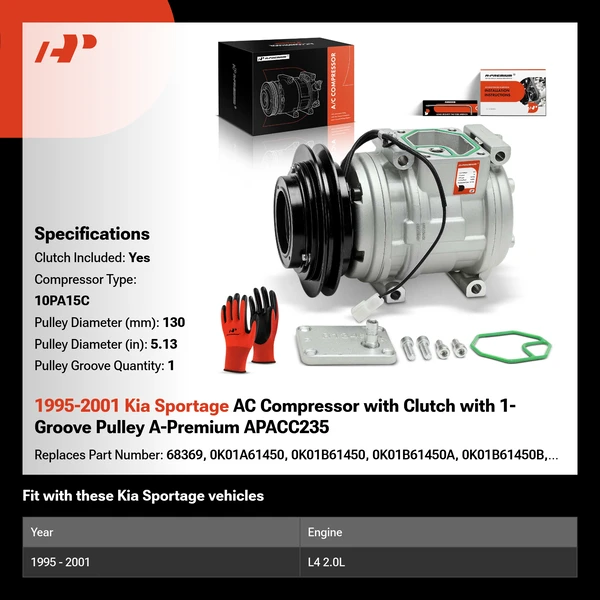 1995-2001 Kia Sportage AC Compressor with Clutch with 1-Groove Pulley A-Premium APACC235
