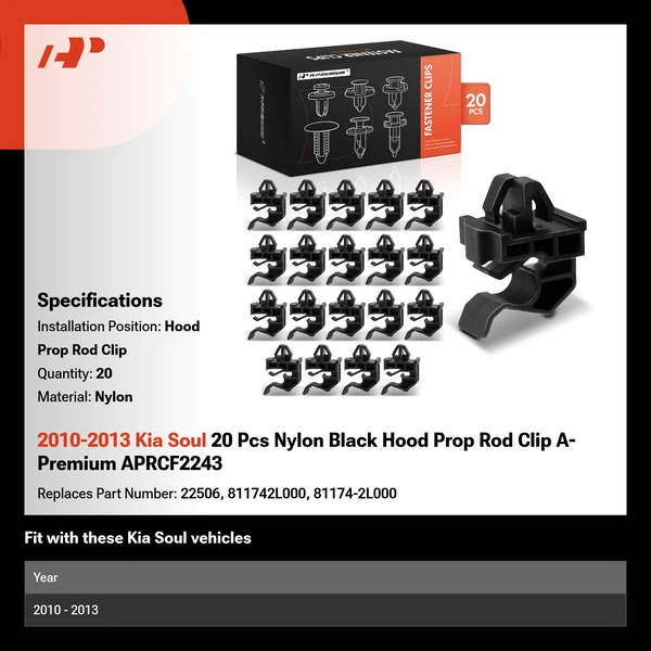 2010-2013 Kia Soul 20 Pcs Nylon Black Hood Prop Rod Clip A-Premium APRCF2243