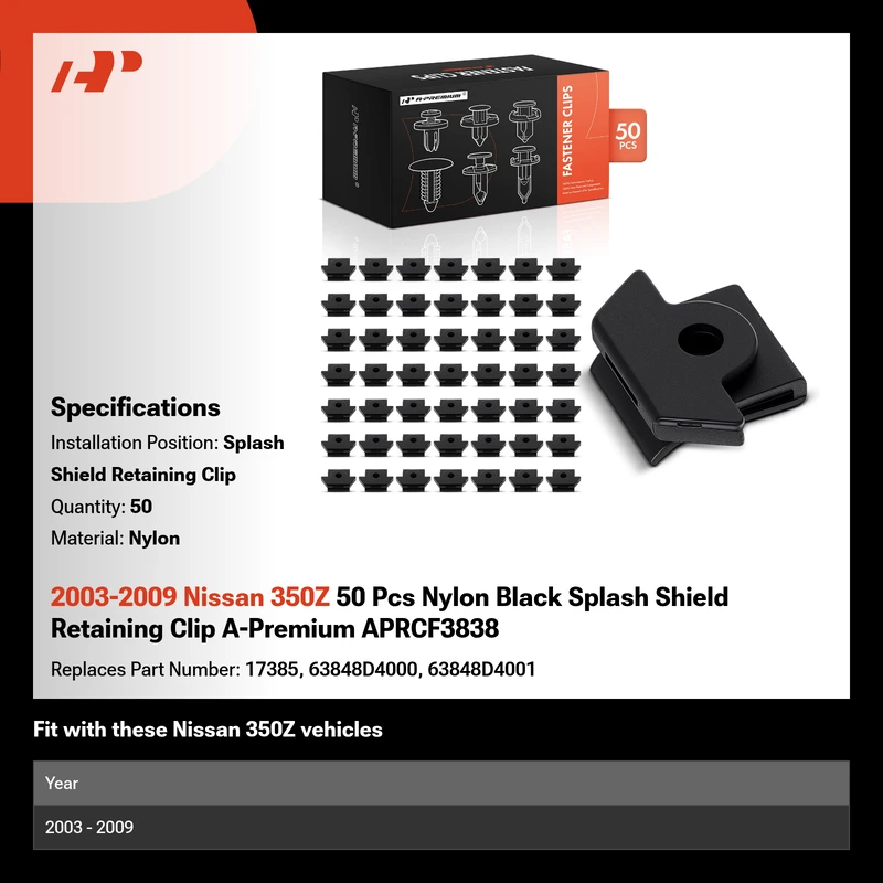 2003-2009 Nissan 350Z 50 Pcs Nylon Black Splash Shield Retaining Clip A-Premium APRCF3838