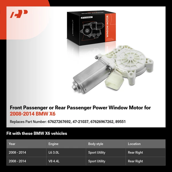 Front Passenger or Rear Passenger Power Window Motor for 2008-2014 BMW X6