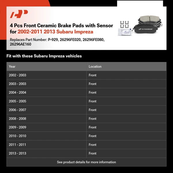 4 Pcs Front Ceramic Brake Pads with Sensor for 2002-2011 2013 Subaru Impreza