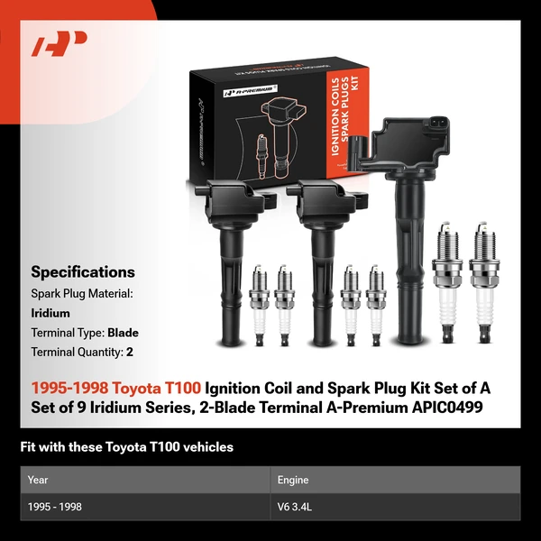 1995-1998 Toyota T100 Ignition Coil and Spark Plug Kit Set of A Set of 9 Iridium Series, 2-Blade Terminal A-Premium APIC0499