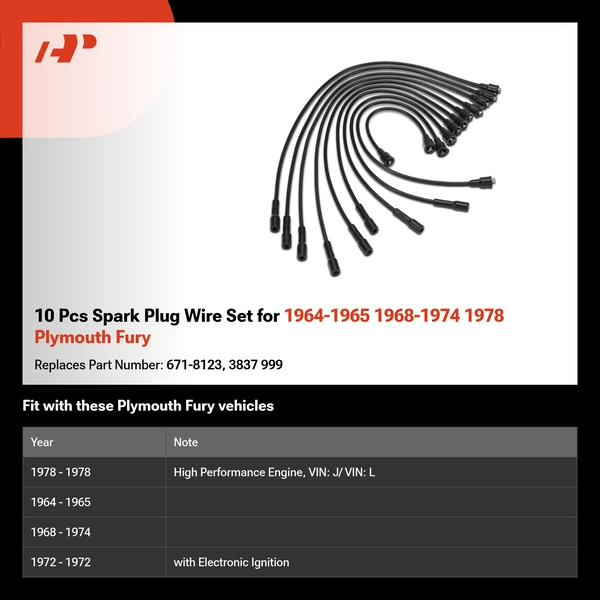 10 Pcs Spark Plug Wire Set for 1964-1965 1968-1974 1978 Plymouth Fury