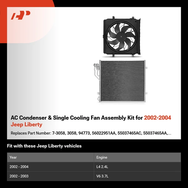 AC Condenser & Single Cooling Fan Assembly Kit for 2002-2004 Jeep Liberty