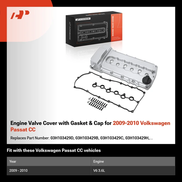 Engine Valve Cover with Gasket & Cap for 2009-2010 Volkswagen Passat CC