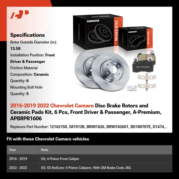 2016-2019 2022 Chevrolet Camaro Disc Brake Rotors and Ceramic Pads Kit, 6 Pcs, Front Driver & Passenger, A-Premium, APBRPR1606