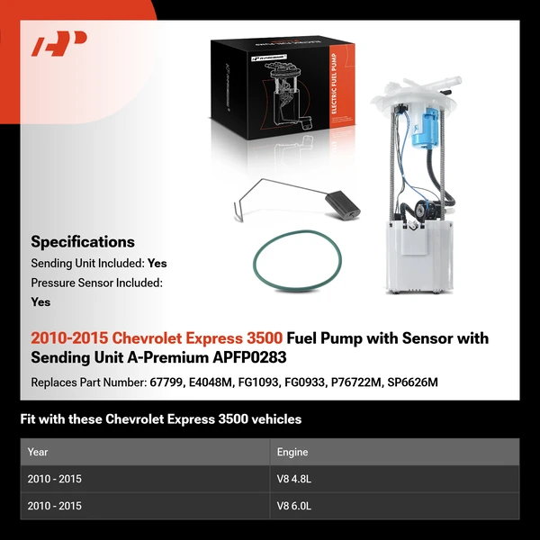 2010-2015 Chevrolet Express 3500 Fuel Pump with Sensor with Sending Unit A-Premium APFP0283