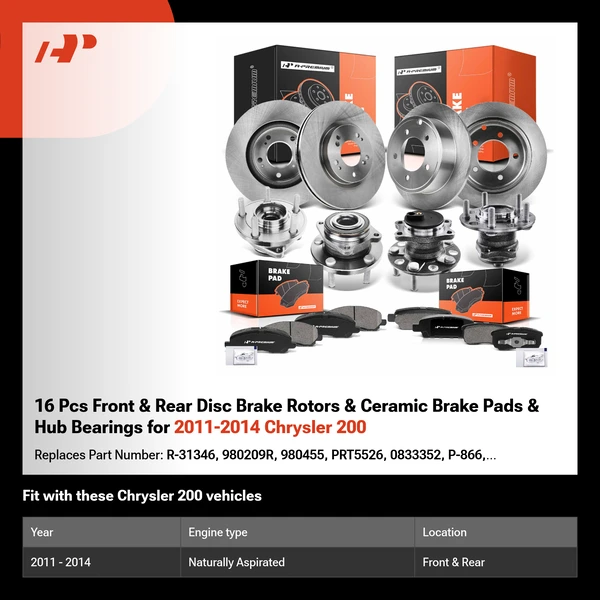16 Pcs Front & Rear Disc Brake Rotors & Ceramic Brake Pads & Hub Bearings for 2011-2014 Chrysler 200