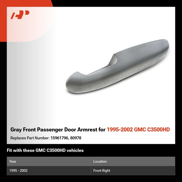Gray Front Passenger Door Armrest for 1995-2002 GMC C3500HD