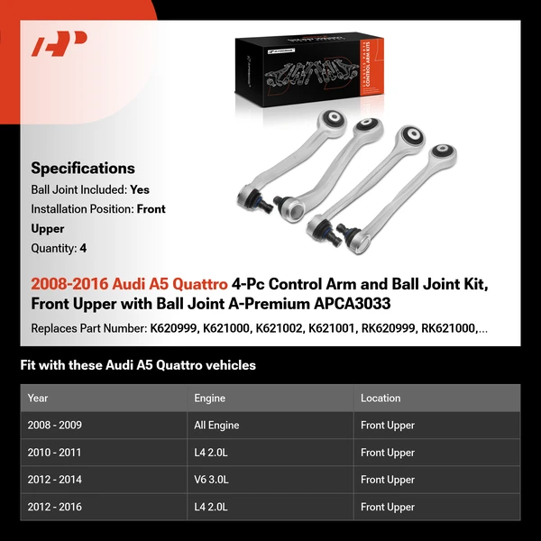 2008-2016 Audi A5 Quattro 4-Pc Control Arm and Ball Joint Kit, Front Upper with Ball Joint A-Premium APCA3033