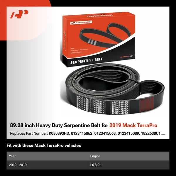 89.28 inch Heavy Duty Serpentine Belt for 2019 Mack TerraPro