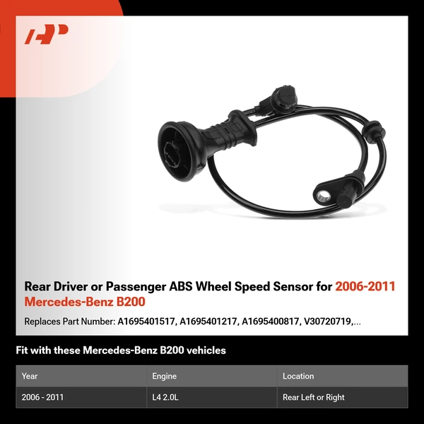 Rear Driver or Passenger ABS Wheel Speed Sensor for 2006-2011 Mercedes-Benz B200