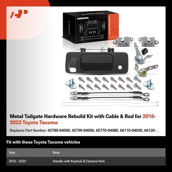 Metal Tailgate Hardware Rebuild Kit with Cable & Rod for 2016-2023 Toyota Tacoma