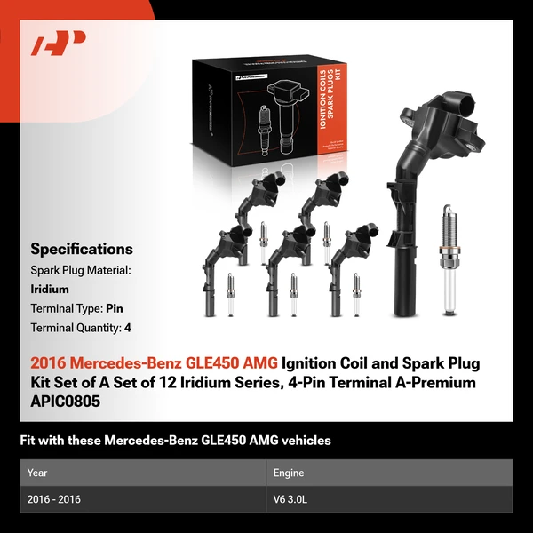 2016 Mercedes-Benz GLE450 AMG Ignition Coil and Spark Plug Kit Set of A Set of 12 Iridium Series, 4-Pin Terminal A-Premium APIC0805