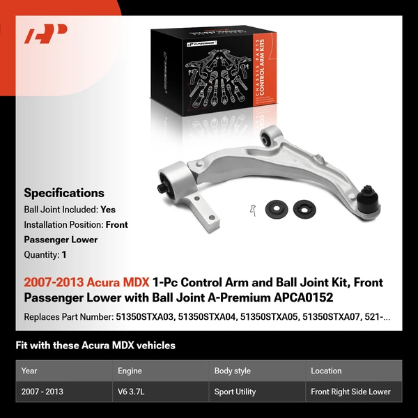 2007-2013 Acura MDX 1-Pc Control Arm and Ball Joint Kit, Front Passenger Lower with Ball Joint A-Premium APCA0152
