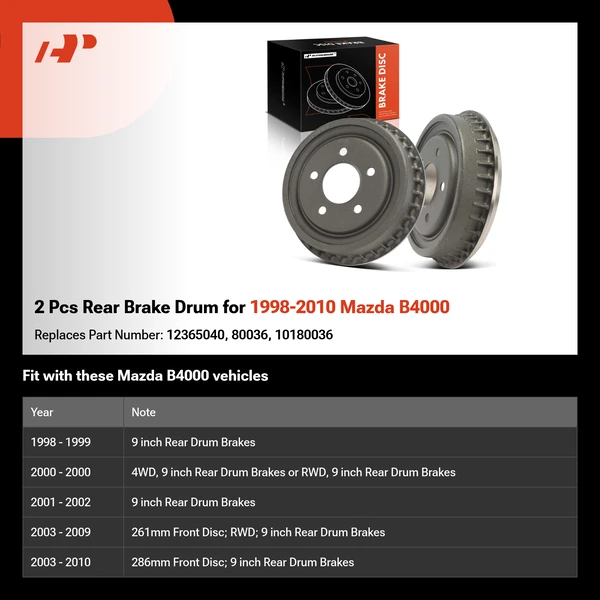 2 Pcs Rear Brake Drum for 1998-2010 Mazda B4000